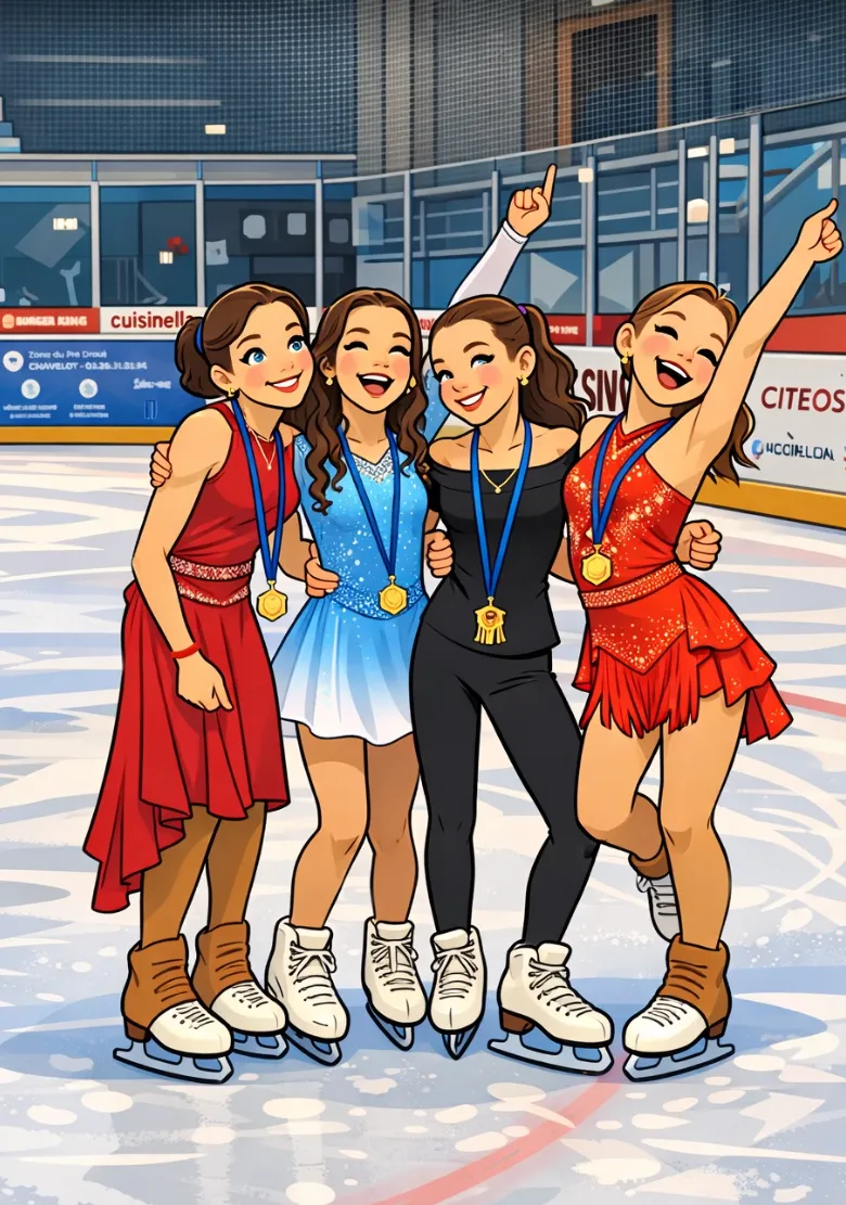 Illustration de quatre patineuses souriantes sur le podium, médaille autour du cou